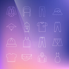 Sticker - Set line Woman dress, Men underpants, Sport, Pants, Balaclava, Asian conical hat, Blazer jacket and Polo shirt icon. Vector