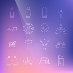 Sticker - Set line Lighter, Binoculars, Camping gas stove, Bullet, Compass, Sniper optical sight, and Tree icon. Vector