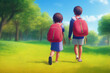 school boy and girl walking with satchels in the park from school as 3d manga concept graphic illustration