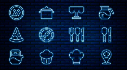 Sticker - Set line Chef hat with location, Knife and spoon, Wooden table, Served fish plate, Slice of pizza, Toilet, Fork, knife and Cooking pot icon. Vector