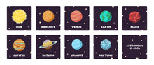 Colorful Solar System Space Square Flashcards In Flat Design Cartoon Style. Astronomy Education And Science For Kids Learning