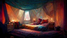 Cosy and colorful bohemian room concept art illustration