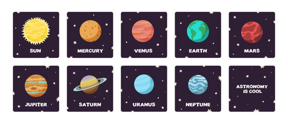 Wall Mural - Colorful solar system space square flashcards in flat design cartoon style. Astronomy education and science for kids learning