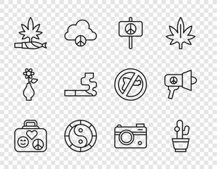 Canvas Print - Set line Suitcase for travel, Cactus, Peace, Yin Yang symbol, Marijuana joint, spliff, Cigarette, Photo camera and Megaphone icon. Vector