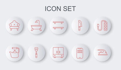 Sticker - Set line Electric iron, Kettle with handle, Empty wooden shelves, Mobile Apps, Sofa, Bathtub, Spatula and Wardrobe icon. Vector