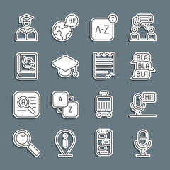 Sticker - Set line Microphone voice device, Speech bubble chat, Online translator, Graduation cap, Translator book, Graduate and graduation and Notebook icon. Vector