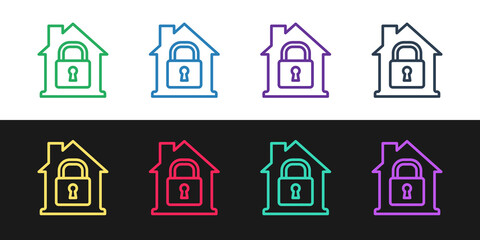 Sticker - Set line House under protection icon isolated on black and white background. Home and lock. Protection, safety, security, protect, defense concept. Vector