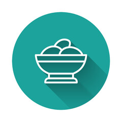 Sticker - White line Varenyky in a bowl icon isolated with long shadow. Pierogi, varenyky, dumpling, pelmeni, ravioli. Traditional Ukrainian food. Green circle button. Vector