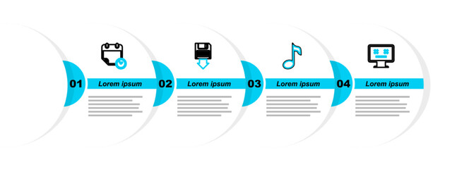 Poster - set line dead monitor, music note, tone, floppy disk backup and calendar and clock icon. vector