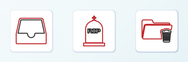Poster - Set line Delete folder, Social media inbox and Tombstone with RIP written icon. Vector