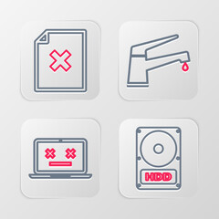 Sticker - Set line Hard disk drive HDD, Dead laptop, Water tap and Delete file document icon. Vector