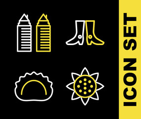 Sticker - Set line Ukrainian footwear, Sunflower, Dumplings and Two towers Dnipro icon. Vector