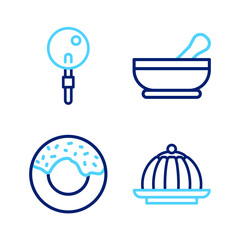 Canvas Print - Set line Pudding custard, Donut, Mortar and pestle and Lollipop icon. Vector