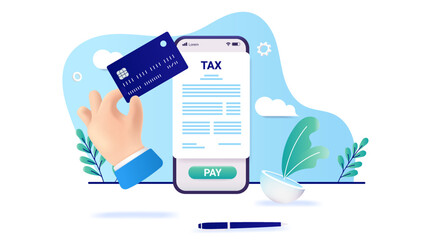Poster - Tax payment - Hand paying taxes on mobile phone with credit card. Vector illustration with white background