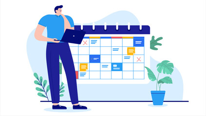 Poster - man planning in front of calendar - person standing with computer thinking and managing work schedul