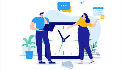 Poster - Work time and hours - Two business people standing with big clock working. Flat design cartoon vector illustration with white background