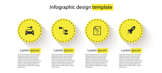 Poster - Set Car rental, Folder tree, Unknown document and Rocket ship with fire. Business infographic template. Vector