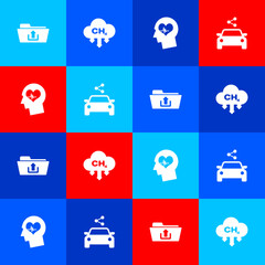 Sticker - Set Folder upload, Methane emissions reduction, Head with heartbeat and Car sharing icon. Vector