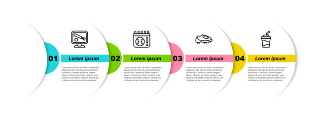 Set line Monitor with baseball game, Calendar, Baseball boot and Paper glass water. Business infographic template. Vector