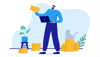 Leinwandbilder - Earning and making money - Vector cartoon character of rich man with computer and lots of coins. Flat design illustration with white background