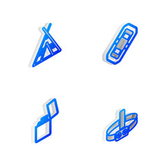 Sticker - Set Isometric line Rafting boat, Tourist tent, Lighter and Head flashlight icon. Vector