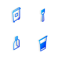 Sticker - Set Isometric line Disposable plastic fork, Trash can, Bottle of liquid soap and Paper glass icon. Vector