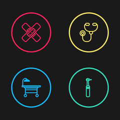 Poster - Set line Operating table, Tooth drill, Stethoscope and Crossed bandage plaster icon. Vector