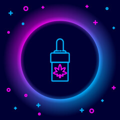 Poster - Glowing neon line Medical marijuana or cannabis leaf olive oil drop icon isolated on black background. Cannabis extract. Hemp symbol. Colorful outline concept. Vector