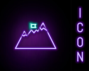 Sticker - Glowing neon line Mountains with flag on top icon isolated on black background. Symbol of victory or success concept. Goal achievement. Colorful outline concept. Vector