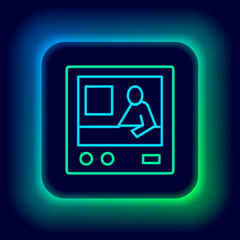 Sticker - Glowing neon line Television report icon isolated on black background. TV news. Colorful outline concept. Vector