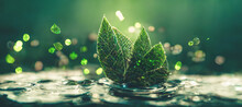 Green Leaves Float On Crystal Blue Water With Ripples And Waves, Surrounded By Bokeh In Spectacular Fantasy Setting. Digital 3D Illustration.