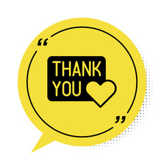 Poster - Black Thank you with heart icon isolated on white background. Handwritten lettering. Yellow speech bubble symbol. Vector