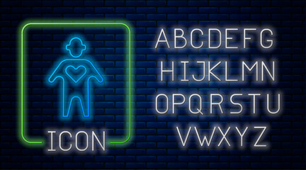 Poster - Glowing neon Volunteer icon isolated on brick wall background. Neon light alphabet. Vector