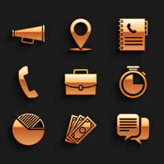 Poster - Set Briefcase, Stacks paper money cash, Chat, Stopwatch, Pie chart infographic and Telephone handset icon. Vector