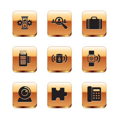 Poster - Set Hourglass and gear, Web camera, Piece of puzzle, Voice assistant, POS terminal and Suitcase for travel icon. Vector