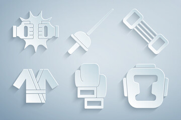 Sticker - Set Boxing glove, Chest expander, Japanese costume Kimono, helmet, Fencing and Punch boxing gloves icon. Vector