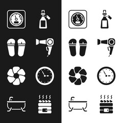 Canvas Print - Set Hair dryer, Flip flops, Sauna thermometer, Essential oil bottle, Flower, clock, Hot sauna stones and Bathtub icon. Vector