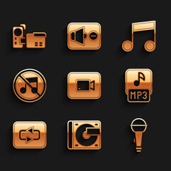 Sticker - Set Play video button, Vinyl player with vinyl disk, Microphone, MP3 file, Repeat, Speaker mute, Music note, tone and Cinema camera icon. Vector