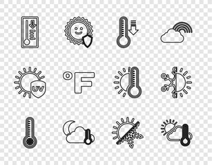 Sticker - Set line Meteorology thermometer, Thermometer and cloud, sun, moon, Fahrenheit, Sun snowflake and icon. Vector