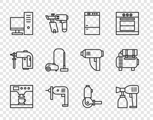 Wall Mural - Set line Coffee machine and cup, Paint spray gun, Refrigerator, Electric drill, Computer monitor, Vacuum cleaner, Angle grinder and Air compressor icon. Vector