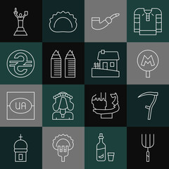 Wall Mural - Set line Garden pitchfork, Scythe, Metro Underground, Smoking pipe, Two towers Dnipro, Ukrainian hryvnia, Mother Motherland monument and house icon. Vector