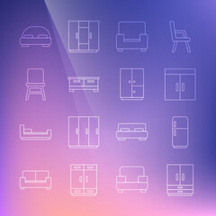 Poster - Set line Wardrobe, Refrigerator, Armchair, Chest of drawers, Chair, Big bed and icon. Vector