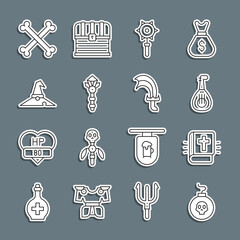 Sticker - Set line Bomb ready to explode, Holy bible book, Lute, Medieval chained mace ball, Magic wand, Witch hat, Crossed human bones and Sword for game icon. Vector