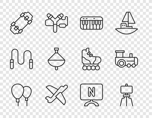 Poster - Set line Balloons, Wood easel, Music synthesizer, Toy plane, Skateboard, Whirligig toy, Smart Tv and train icon. Vector