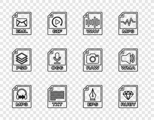 Wall Mural - Set line MP3 file document, RUBY, WAV, TXT, EML, OGG, EPS and WMA icon. Vector