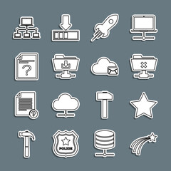 Poster - set line falling star, star, ftp cancel operation, rocket ship with fire, folder download, unknown d