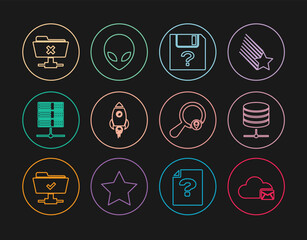 Poster - Set line Cloud mail server, Server, Data, Web Hosting, Unknown document, Rocket ship with fire, FTP cancel operation, Search location and Alien icon. Vector