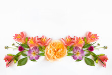 Festive Floral Background. Floral Layout From Peach And Orange Flowers Isolated.