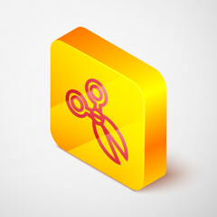 Sticker - Isometric line Scissors icon isolated on grey background. Cutting tool sign. Yellow square button. Vector