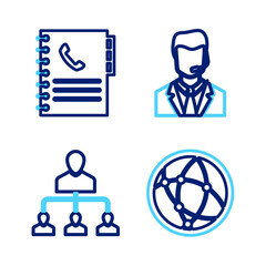 Poster - Set line Social network, Referral marketing, Man with headset and Phone book icon. Vector
